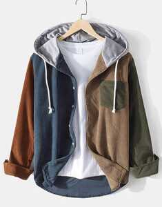 Corduroy Colorblock Stitching Hooded Shirt