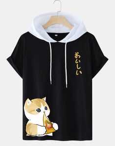 Pizza Cat Print Hooded T-Shirts