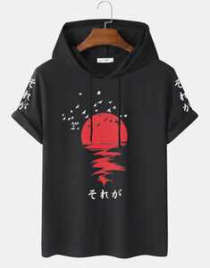 Red Sun Print Hooded T-Shirts